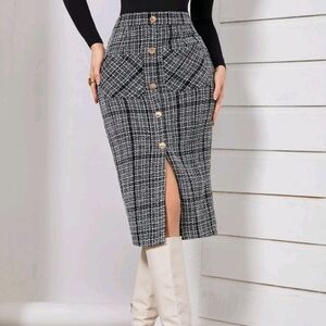 High Waist Plaid Pattern Single Breasted Dual Pocket Tweed Skirt